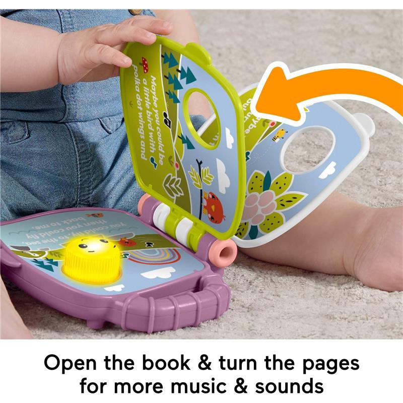 Interactive Fisher Price musical storybook with purple body, colorful pages, and sound feature, designed for babies.