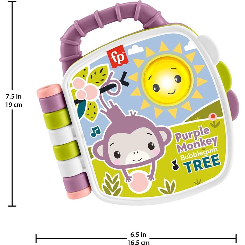 Purple Monkey musical storybook toy featuring lights and sounds, with colorful buttons and a playful design for babies.