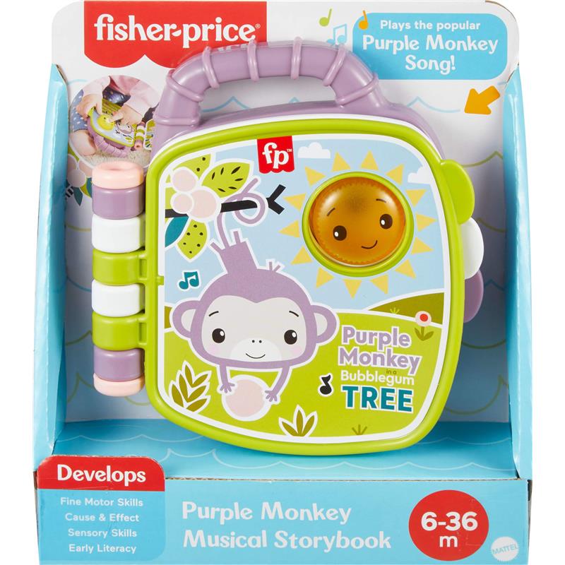 Purple Monkey Musical Storybook by Fisher Price features colorful illustrations, a sunny character, and a handle for easy carrying.