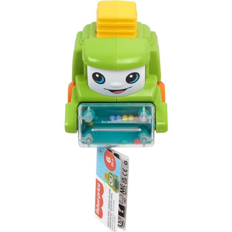 Colorful Fisher Price baby toy tractor with a smiling face, push-along design, and fine motor activity features.