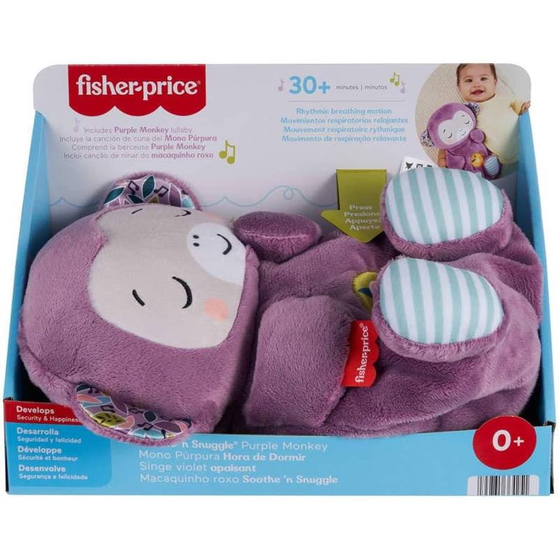 Fisher-Price Soothe ‘n Snuggle Purple Monkey plush toy, featuring rhythmic breathing motion and included lullaby for soothing infants.
