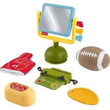 Fisher-Price Tiny Tailgater set includes a mirror, foam football, number one finger, hot dog, and pretend grill mat.