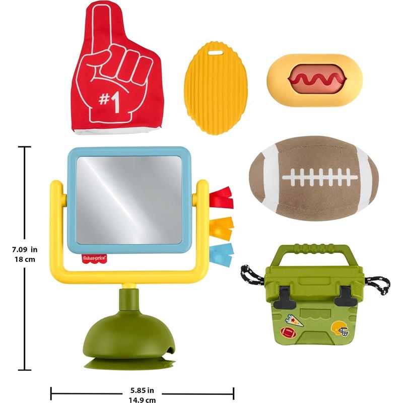 Fisher-Price Mini Me Moments Tiny Tailgater Set featuring a toy mirror, football, hot dog, foam finger, and cooler.
