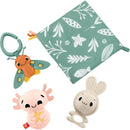 Fisher Price Baby Toys So Many Senses Set featuring a butterfly rattle, plush creature, and a teething bunny, all in a storage bag.