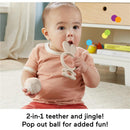 Infant playing with a bunny-shaped teether and holding a pop-out ball, promoting sensory exploration and fun.