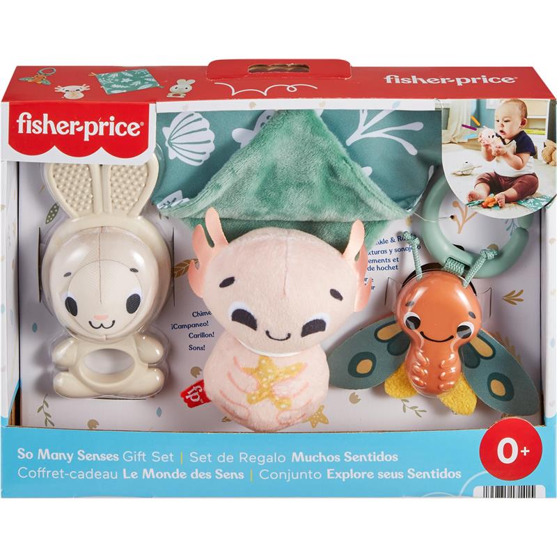 Fisher Price So Many Senses Set with a bunny rattle, plush character, and butterfly teether for sensory play. Suitable for infants.