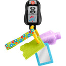 Fisher Price Baby Travel Toy featuring colorful activity keys, a learning remote, and textured toys for sensory play.