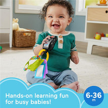 Infant sitting on the floor, holding colorful activity keys toy from Fisher Price, smiling, with a playful background.