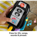 Fisher Price Baby Travel Toy featuring colorful activity keys with buttons labeled ABC 123; press for 20+ sounds and songs.