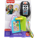 Fisher Price Baby Travel Toy Laugh & Learn Play & Go Activity Keys featuring colorful toy keys and a learning remote.