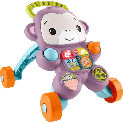 Fisher-Price Baby Walker Learn with Me in purple monkey design features interactive buttons, music, and lights for learning fun.