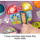 Fisher-Price Baby Walker Learn with Me in purple, featuring buttons and activities to promote fine motor skills, with musical elements.
