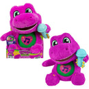 Barney tall plush toy from Fisher-Price, holding a microphone, features a green heart with a music note.