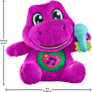 Barney plush toy in purple with a green heart design, holding a blue microphone, measuring 10.63 inches tall.