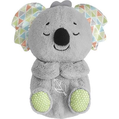 Plush koala toy with patterned fabric ears and green polka-dot paws, designed for soothing and comfort.