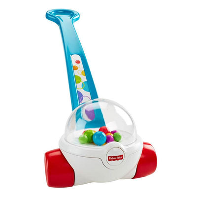 Fisher-Price Corn Popper toy with a blue handle, clear dome enclosing colorful balls, and red wheels for toddlers.