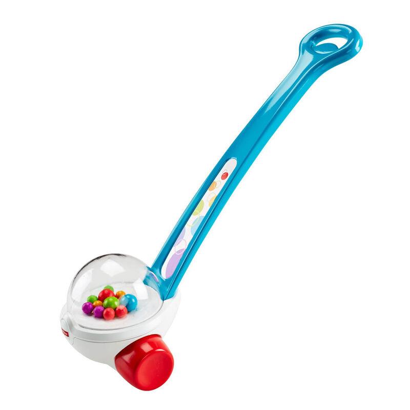 Fisher Price Corn Popper toy with a blue handle, clear dome, colorful balls inside, and a red base.