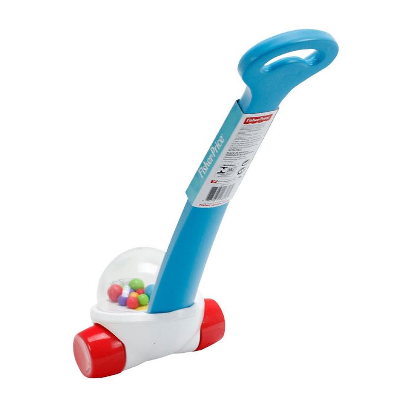 Fisher Price Corn Popper toy with a blue handle, transparent dome containing colorful balls, and red wheels.