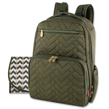 Olive green quilted diaper bag backpack with multiple zippered compartments, featuring a chevron patterned changing pad.