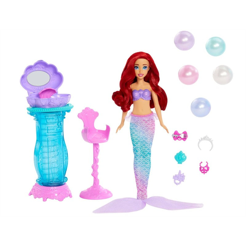 Fisher Price Disney Princess Ariel Mermaid surprise playset featuring an Ariel doll, accessories, and a play vanity.