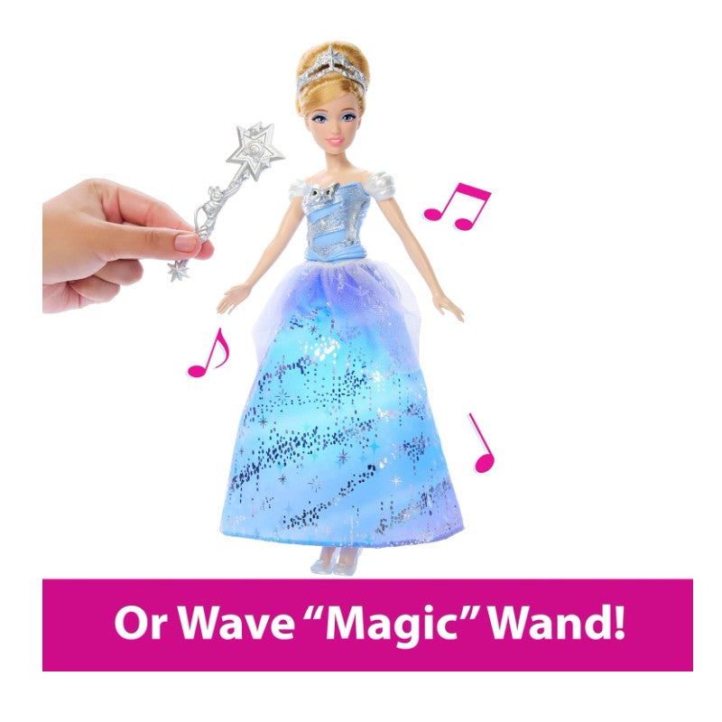 Fisher Price Disney Princess Light Up Cinderella doll wearing a sparkling blue gown, holding a star-shaped wand.