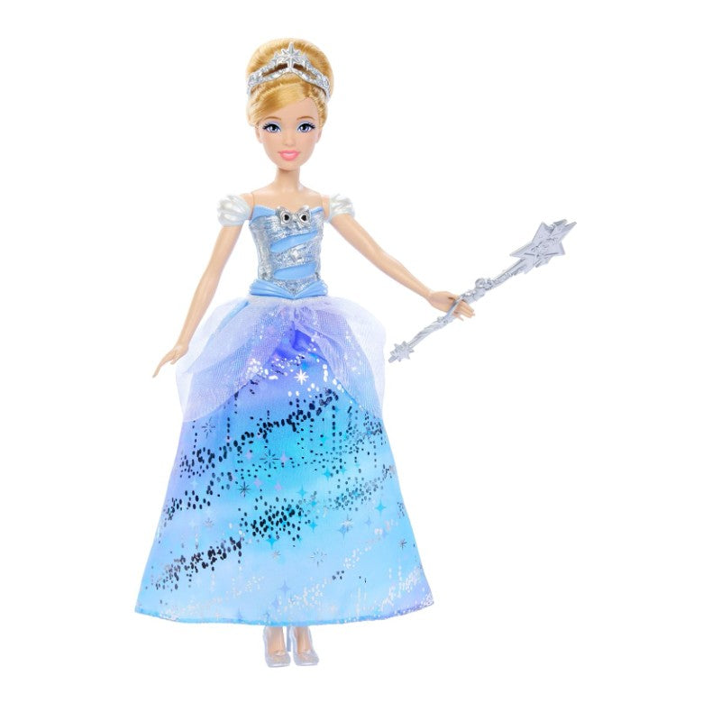 Light-up Cinderella doll wearing a blue gown with glitter accents, holding a silver star wand.