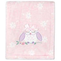 Soft pink blanket featuring an embroidered owl with a bow and floral accents. Ideal for baby use.