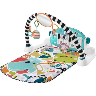 Fisher Price Glow & Grow Kick & Play Gym features a colorful play mat with animal patterns and hanging toys for infant engagement.