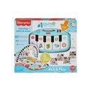 Fisher Price Glow & Grow Kick & Play Gym in blue packaging, featuring a piano with numbered keys and colorful animal designs.