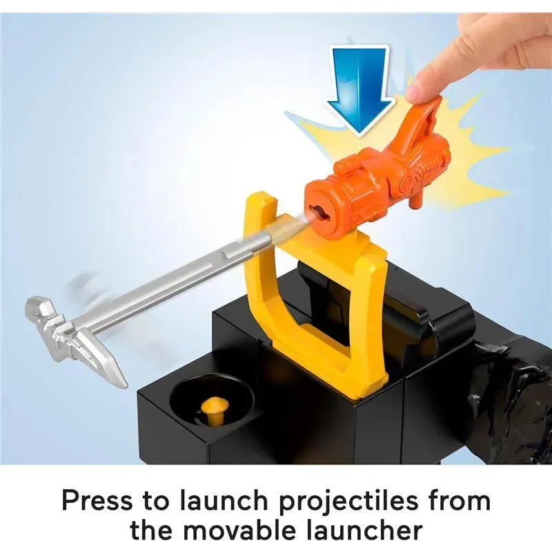 Press to launch projectiles from the movable orange launcher on the Fisher Price Imaginext Robo Command Center.