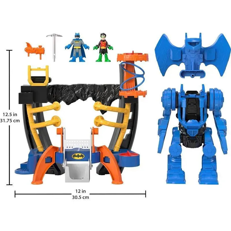 Robo Command Center playset featuring Batman and Robin figures, with multiple play features and dimensions of 12.5 inches tall and 12 inches wide.