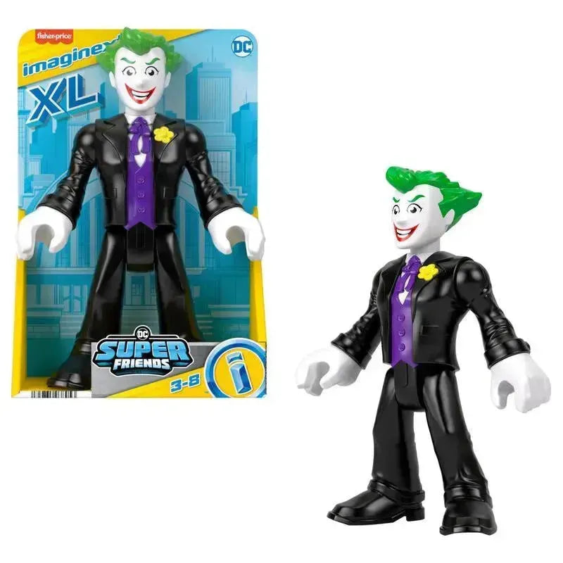 Fisher Price Imaginext DC Super Friends figure of The Joker, featuring a green-haired character in a black suit with a purple tie.