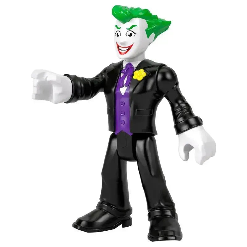 Fisher Price Imaginext The Joker figure in a black suit with a purple vest and green hair, depicting a playful villain character.
