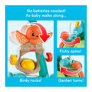Fisher Price Kinetic Walker features an orange bird, a spinning fish toy, and rotating garden elements, encouraging movement without batteries.