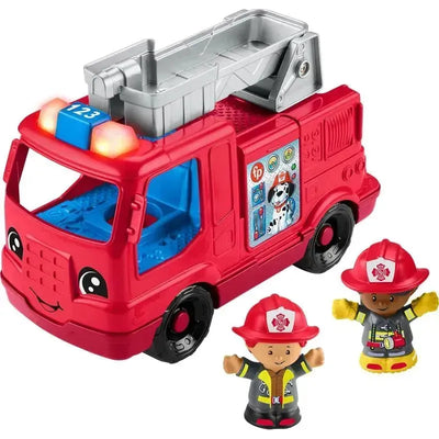 Fisher Price Large Vehicle Fire Truck in red with animated eyes, featuring a ladder, and two firefighter figures in hats.