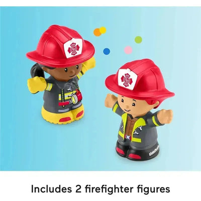 Two colorful firefighter figures wearing red hats and uniforms with safety symbols, against a light blue background.