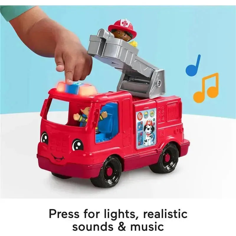 Red Fisher Price toy fire truck featuring a ladder, two figurines, lights, and sounds. Press button for effects.