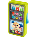 Bright green Fisher Price smartphone toy features buttons with numbers and shapes, and a smiling puppy character on the screen.