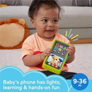 Laugh & Learn 2-in-1 Slide to Learn Smartphone held by a smiling baby, features colorful buttons and playful designs.