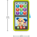 Fisher Price Laugh & Learn 2-in-1 Slide to Learn Smartphone with colorful buttons, lights, and a smiling dog graphic.