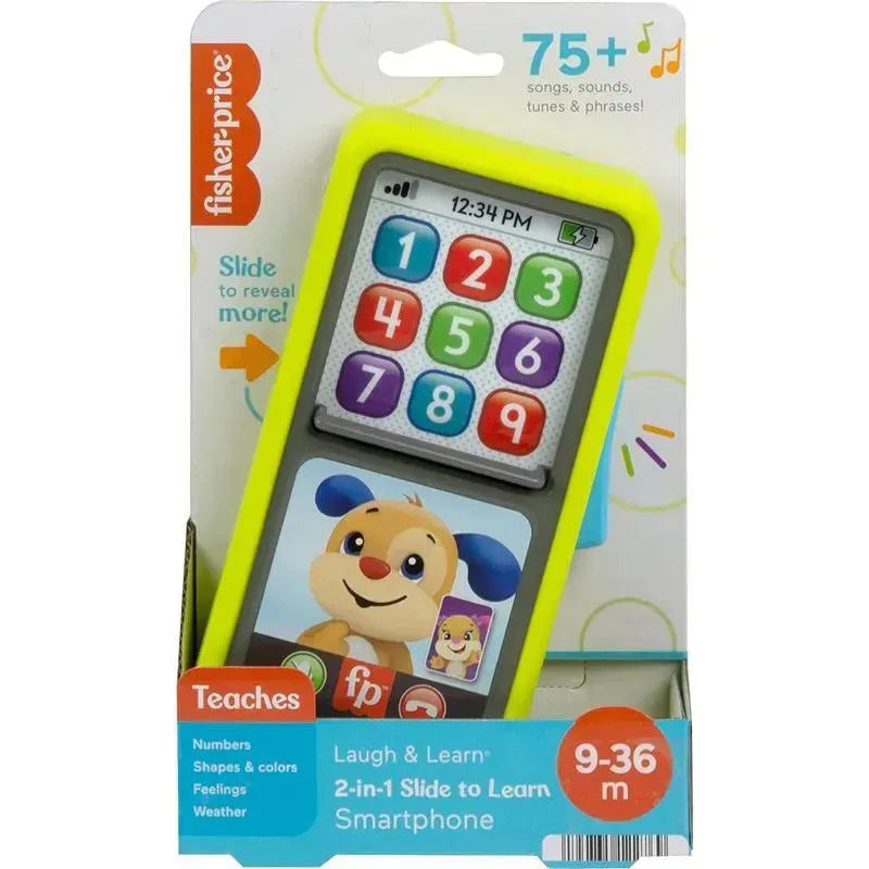 Fisher Price Laugh & Learn 2-in-1 Slide to Learn Smartphone features a colorful keypad, dog character, and teaches numbers and shapes.