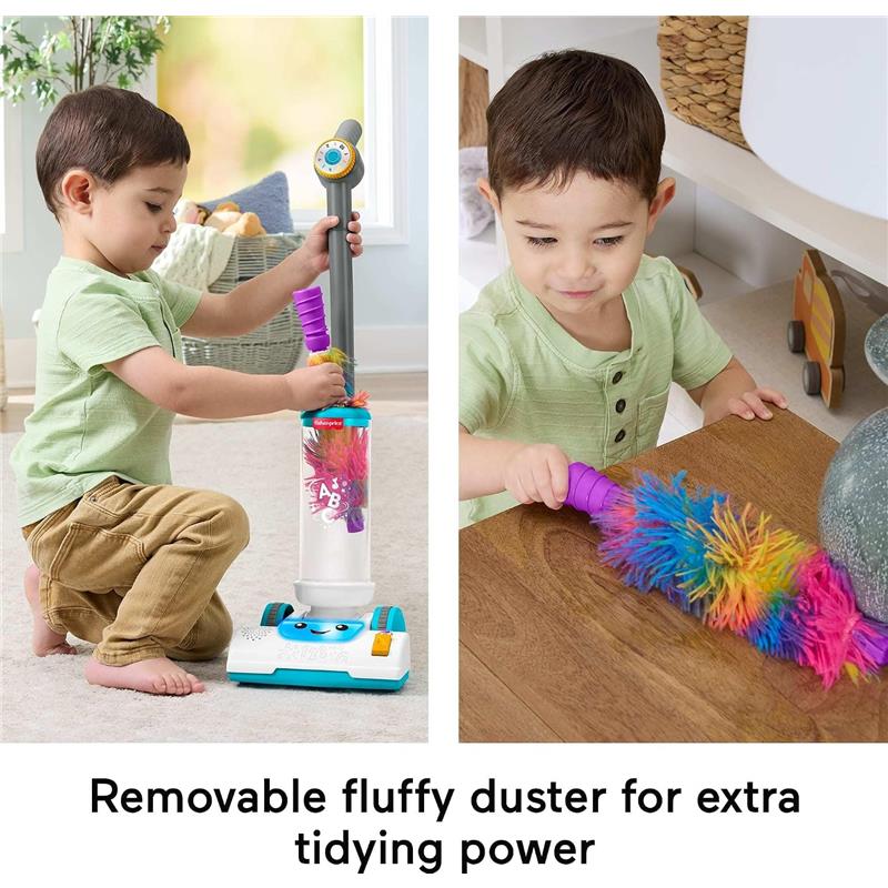Fisher-Price Laugh & Learn 2-in-1 Vacuum; child using vacuum and colorful duster to clean surfaces and play.