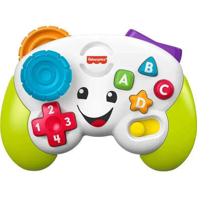 Brightly colored Fisher Price baby game controller with buttons labeled A, B, C, D, and numbers 1-4, featuring a smiling face.