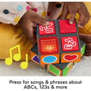 Fisher Price Laugh & Learn Activity Cube featuring colorful buttons, lights, and music; promotes learning of ABCs and 123s.