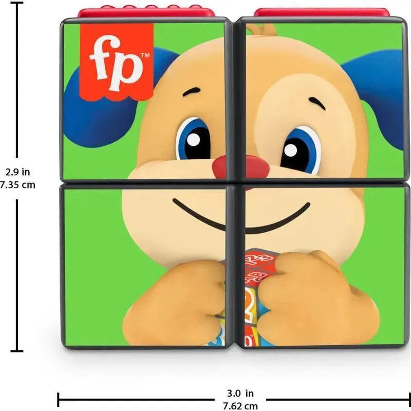 Colorful cube toy featuring a smiling puppy character, part of the Fisher Price Laugh & Learn series, promoting early learning.