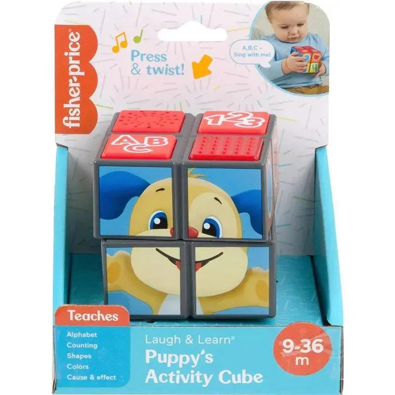 Fisher Price Laugh & Learn Puppy Activity Cube featuring a smiling puppy design, teaching letters, numbers, and colors.