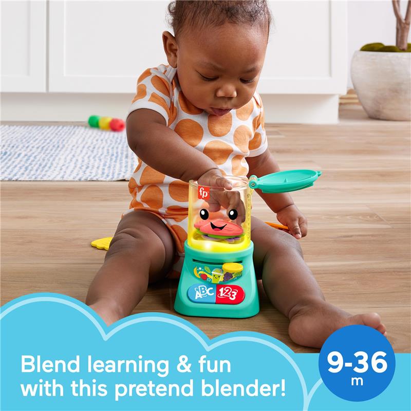 Toddler using the Fisher Price Laugh & Learn Smoothie Maker toy, exploring buttons and blending action. Fun and educational for ages 9-36 months.