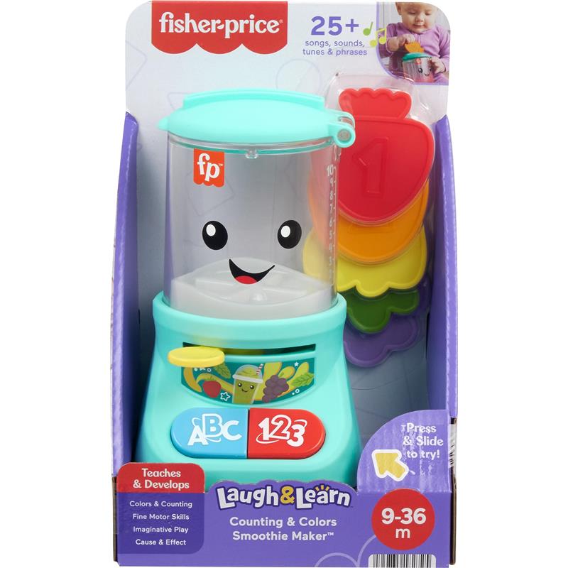 Fisher Price Laugh & Learn Counting & Colors Smoothie Maker toy with colorful fruit pieces, teaching counting and colors for ages 9-36 months.