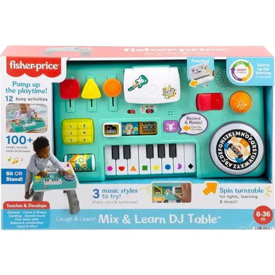 Fisher-Price Laugh & Learn Mix & Learn DJ Table toy for babies and toddlers, featuring a keyboard, buttons, and interactive sounds.