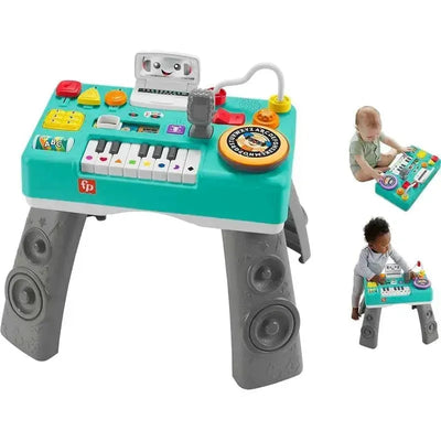 Colorful Fisher-Price DJ table toy featuring interactive buttons, keyboard, and speakers, designed for babies and toddlers.